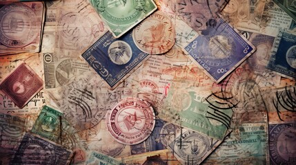 Passport visas stamps on sepia textured, vintage travel background Generative AI