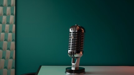 Retro style microphone on table in front aquamarine wall Generative AI