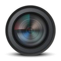 Camera lens isolated on white background. Highly detailed video or photo camera lens. Vector illustration.