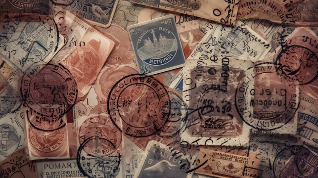 Passport visas stamps on sepia textured, vintage travel background Generative AI