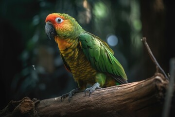 Parrot perched on a branch in the heart of the forest. A captivating wildlife photography that captures the essence of nature. Generative AI