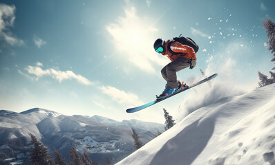 Naklejka na ściany i meble Winter Extreme athlete Sports ski jump on mountain, Generative AI