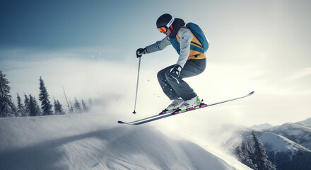 Spectacular Ski Jump by Winter Athlete on Mountain Peak, Generative AI - obrazy, fototapety, plakaty