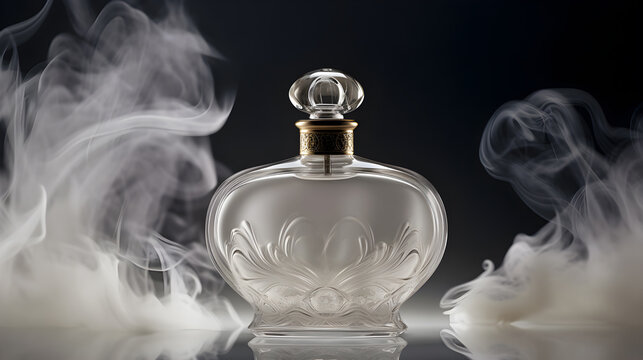 Perfume bottle, elegant product shot: close-up in a studio setting with atmospheric smoke and a soft blurred dark background. Created with Generative AI Technology.