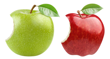 Set of bitten green and red apples, cut out