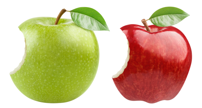 Set of bitten green and red apples, cut out