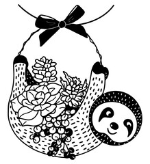 Sloth with succulents. Vector illustration