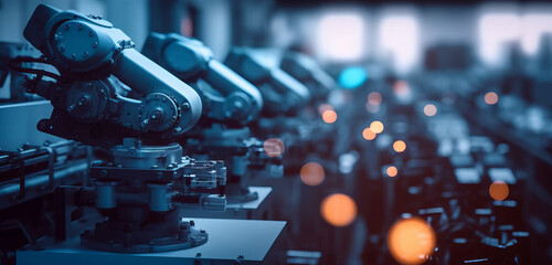 Obraz premium Revolutionizing Car Manufacturing with Automated Robot Arms on Modern Conveyor Lines in Blue Sunlit Industry Construction, Generative AI.