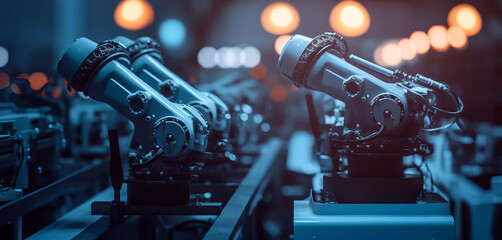 Revolutionizing Car Manufacturing with Automated Robot Arms on Modern Conveyor Lines in Blue Sunlit Industry Construction, Generative AI.