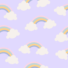purple pastel seamless pattern with cute rainbows and clouds