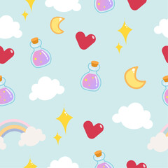 light blue pastel seamless pattern with cute clouds, stars and moon for children