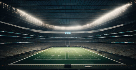 Fototapeta na wymiar Dramatic professional football arena with green grass and rays of light, Generative AI