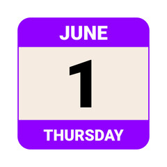 1 June, Thursday. Date template. Useful design for calendar or event promotion. Vector illustration EPS 10 File.