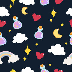 Dark blue seamless pattern with cute clouds, stars and moon for nursery