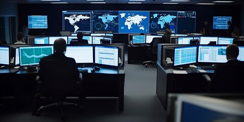 Interior of security operations centre. Secret intelligence service featuring screens and monitors, people in silhouettes monitoring activity of criminals. Specialists of cia. Finest generative AI - obrazy, fototapety, plakaty