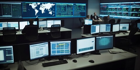 Interior of security operations centre. Secret intelligence service featuring screens and monitors, people in silhouettes monitoring activity of criminals. Specialists of cia. Finest generative AI. - obrazy, fototapety, plakaty