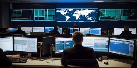 Interior of security operations centre. Secret intelligence service featuring screens and monitors, people in silhouettes monitoring activity of criminals. Specialists of cia. AI digital illustration - obrazy, fototapety, plakaty