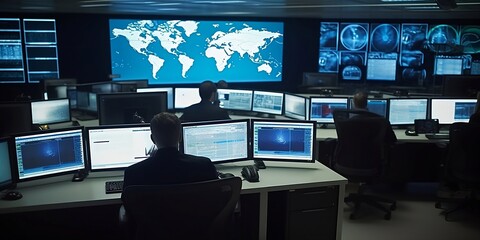 Interior of security operations centre. Secret intelligence service featuring screens and monitors, people in silhouettes monitoring activity of criminals. Specialists of cia. Generative AI technology - obrazy, fototapety, plakaty