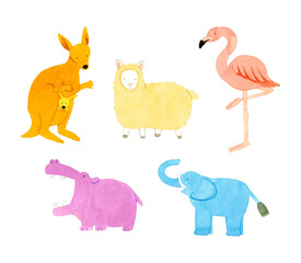 かわいい・ゆるい動物の手描き水彩イラスト素材集（カバ、象、羊、カンガルー、フラミンゴ）