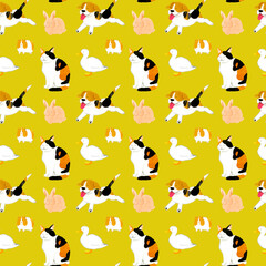 かわいいアニマルのシームレスパターン　手描き水彩イラストのゆるい動物柄