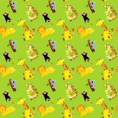 かわいいアニマルのシームレスパターン　手描き水彩イラストのゆるい動物柄