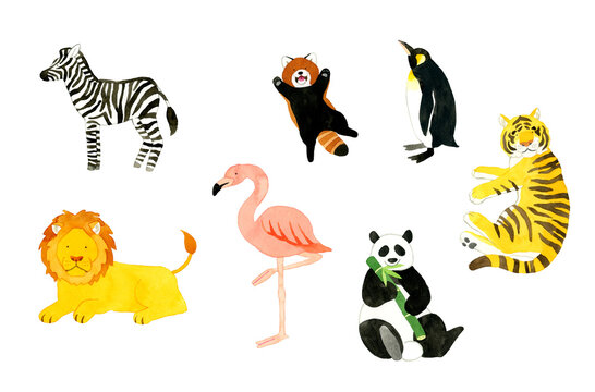 ゆるい・かわいい動物の手描き水彩イラスト素材集（シマウマ、ライオン、フラミンゴ、パンダ、虎、レッサーパンダ、キングペンギン）