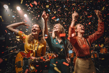 Women perform on stage with musical instruments and confetti. Generative AI