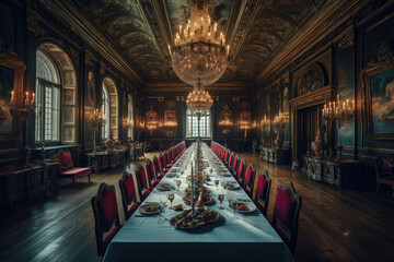 The grand hall was the scene of a royal banquet, with a long, polished table surrounded by velvet chairs. Generative AI - obrazy, fototapety, plakaty