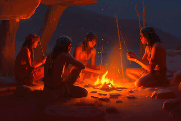 Cave people cooked their meals by lighting a fire outside their cave at sunset. Generative AI