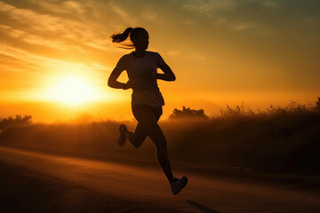 Woman running at sunrise. Generative AI