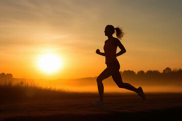Fototapeta na wymiar Woman running at sunrise. Generative AI