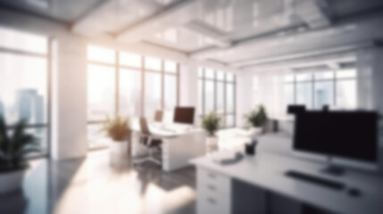Blurred workplace with cityscape, office in the morning or afternoon, interior for AI generated business presentation background