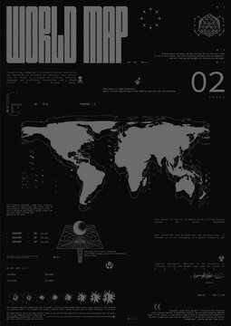 Grunge poster world map. Abstract print for streetwear, for jacket, t-shirt or sweatshirt Isolated on black background