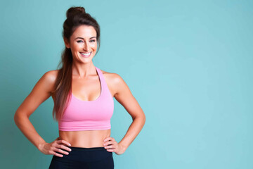 Fototapeta na wymiar A beautiful young woman with brown hair and blue eyes who is smiling in fitness clothing. Generative AI