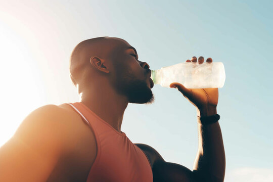 Man drinking water after his workout in the sun. Generative AI