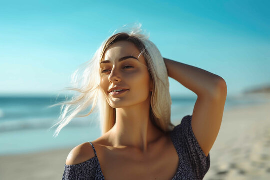 Sexy closeup portrait of attractive blonde female model. Generative AI