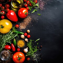 Food background. Top view of olive oil, cherry tomato, herbs and spices on rustic black slate. Generative AI