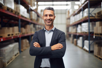 Smiling portrait of a male supervisor standing in warehouse with his arm crossed looking at camera. Generative AI