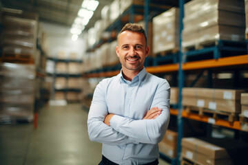 Smiling portrait of a male supervisor standing in warehouse with his arm crossed looking at camera. Generative AI