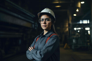 Beautiful Female Industrial Specialist Standing in Metal Construction Facility. Generative AI