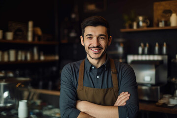 Obraz premium Male small business owner smiling at the camera while standing in front of his coffee shop. Generative AI