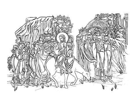 Palm Sunday. Jesus' triumphal entry into Jerusalem. Illustration - fresco in Byzantine style. Coloring page on white background
