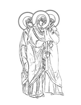 Myrrhbearers. Women with myrrh who came to the tomb of Christ early in the morning to find it empty. Part of illustration, frescoes in Byzantine style. Coloring page on white background