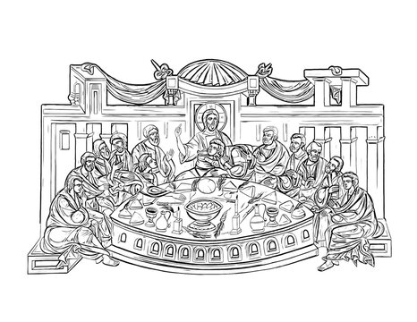 Holy Communion. The Last Supper illustration. Coloring page on white background