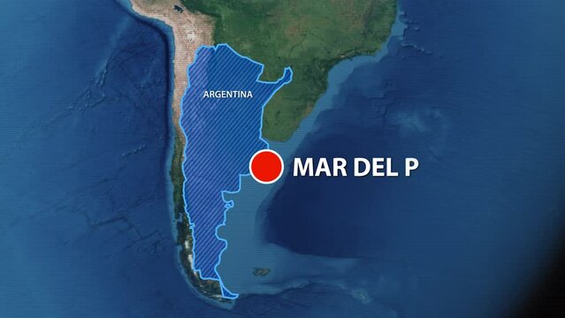Designation of the borders of Argentina on the map and the mark of the location of the city of Mar del Plata