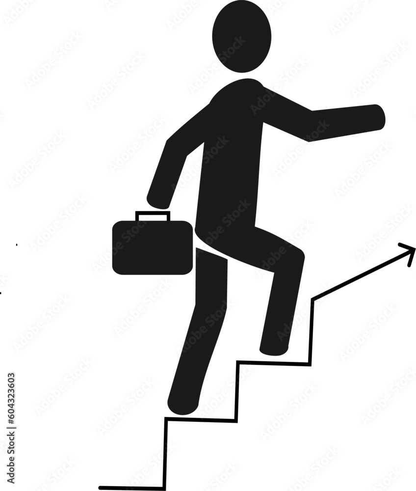 Poster businessman walking up stairs with arrow. business concept growth and the path to success icon desig