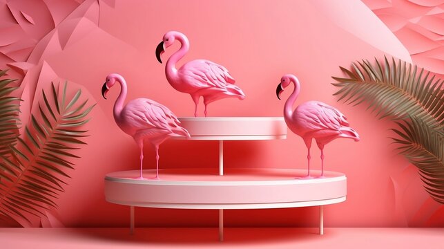 Podium Stage Shelf with pink and flamingo backgrounds. Generative AI
