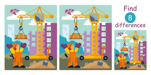 Find differences, education game for children. Cute cartoon flat vector illustration with construction site, builder, crane, building, tools. - obrazy, fototapety, plakaty