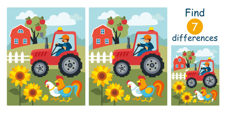 Find differences, education game for children. Cute cartoon flat vector illustration with farmer, tractor, chicken, rooster, chick, sunflowers, field, farm.
