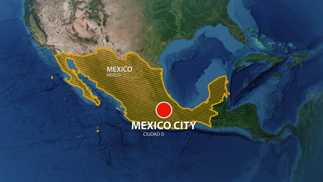 Designation of the borders of Mexico on the map and the mark of the location of the city of Mexico